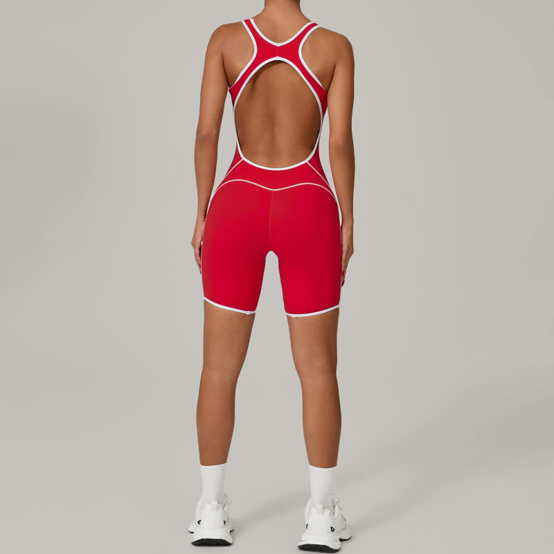 Qiusha summer new fashion backless tight contrast color sports yoga clothes hip yoga fitness jumpsuit 2603