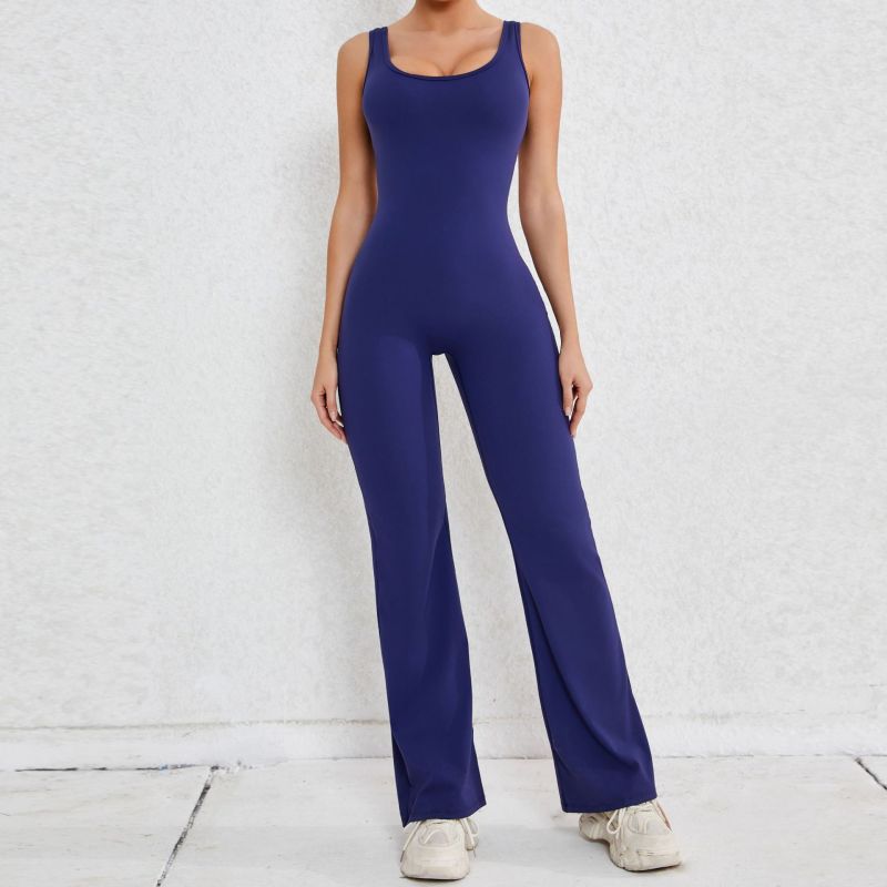 Qiusha European and American hollow back jumpsuit peach hip-lifting sports fitness clothes flared jumpsuit yoga suit jumpsuit