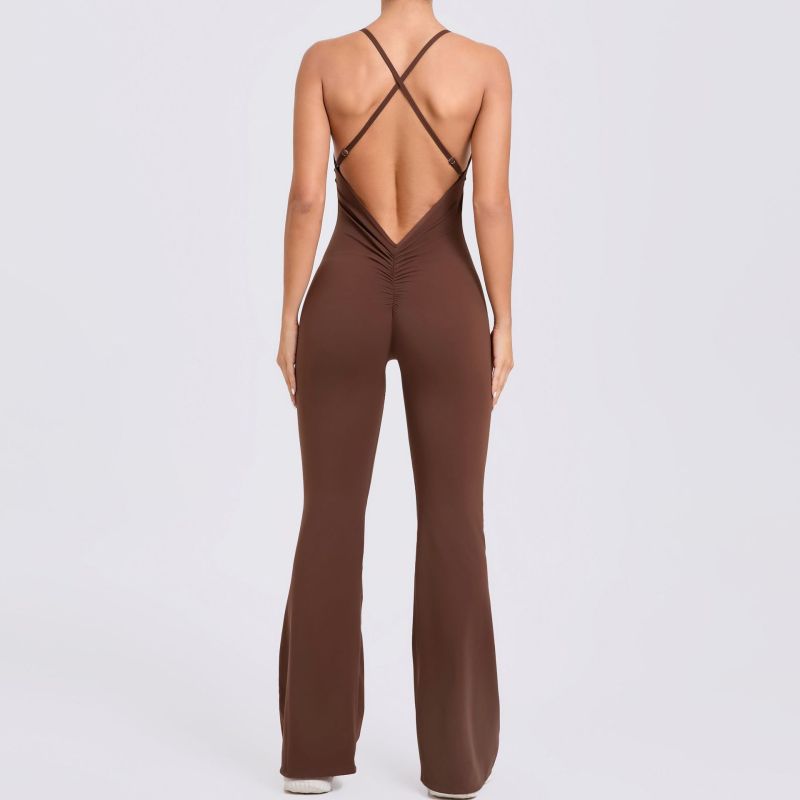 European and American adjustable shoulder strap trumpet yoga jumpsuit sports fitness hollow hip-lifting jumpsuit 44081