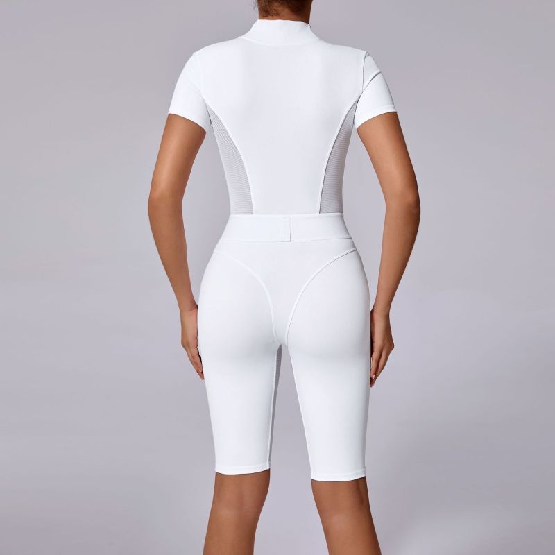 European and American waist open collar zipper short sleeve yoga jumpsuit women's fitness tight sports jumpsuit 41180