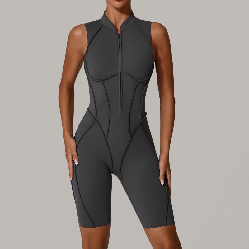 Qiusha new sanded jumpsuit hollow back zipper yoga suit sports running fitness jumpsuit 25700