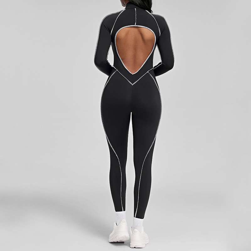 European and American contrast color one-piece zipper fitness yoga jumpsuit women's backless tight sports jumpsuit sportswear