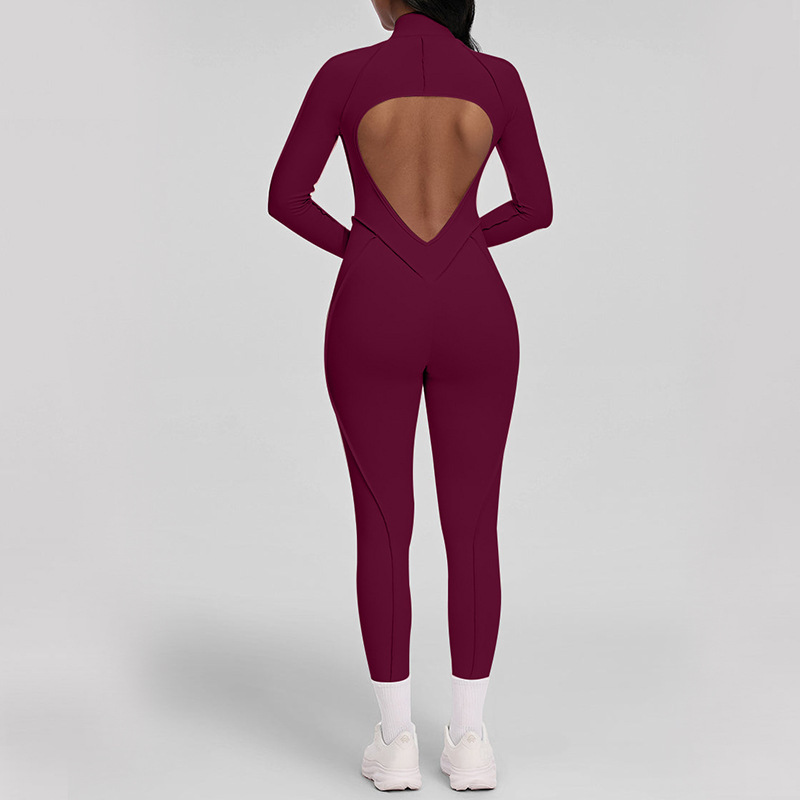European and American cross-border three-dimensional zipper long-sleeved yoga jumpsuit trousers female sexy backless tight yoga suit jumpsuit