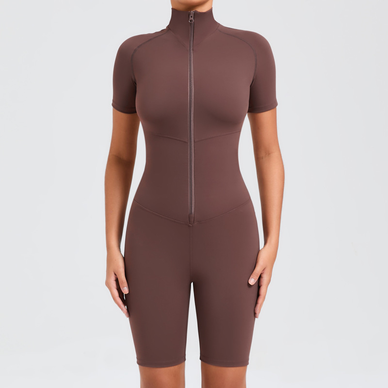 European and American summer belly-tightening design short-sleeved zipper yoga jumpsuit female dance sports fitness jumpsuit 50210