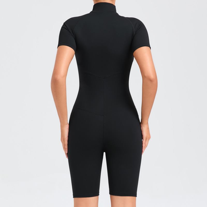 European and American summer belly-tightening design short-sleeved zipper yoga jumpsuit female dance sports fitness jumpsuit 50210