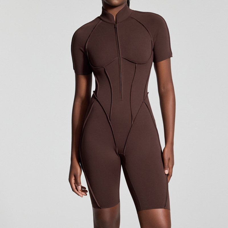 European and American contrast color one-piece zipper fitness yoga jumpsuit women's backless tight sports jumpsuit sportswear
