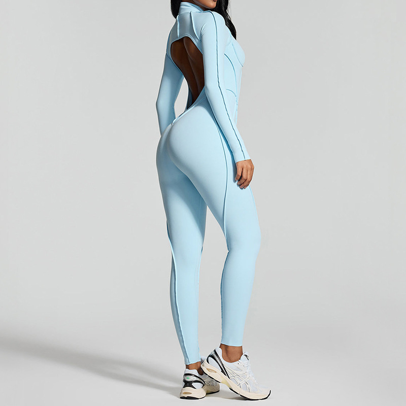 European and American cross-border three-dimensional zipper long-sleeved yoga jumpsuit trousers female sexy backless tight yoga suit jumpsuit