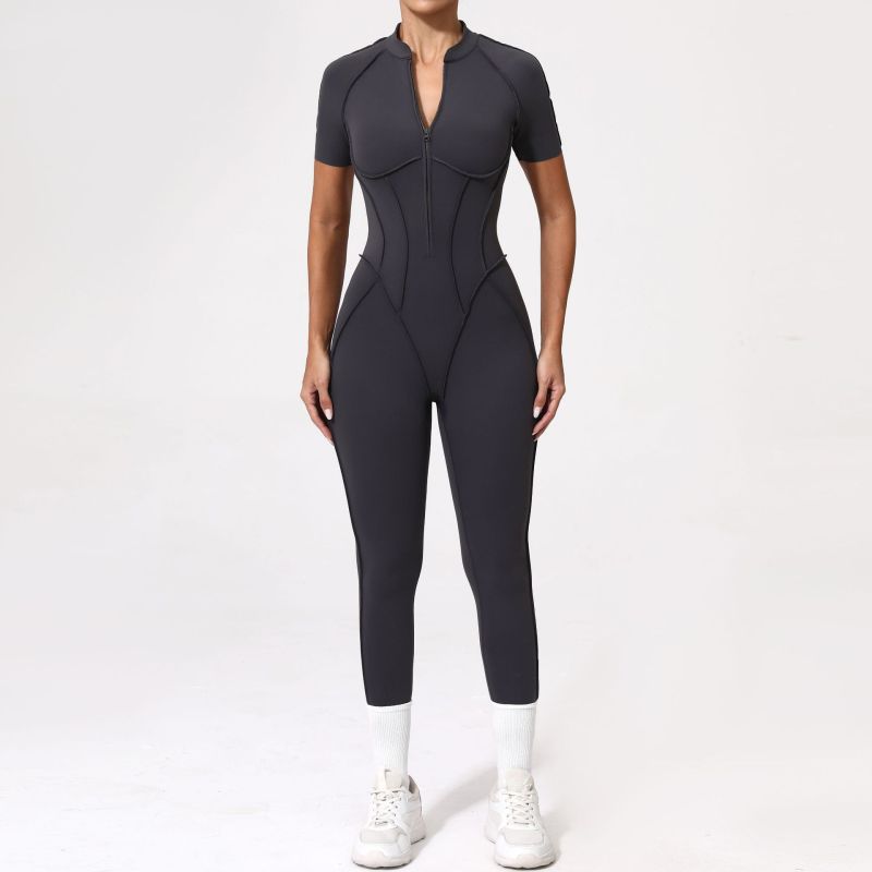 Qiusha three-dimensional zipper short-sleeved jumpsuit female hip-lifting and abdomen-tightening yoga tight sports jumpsuit female 25500