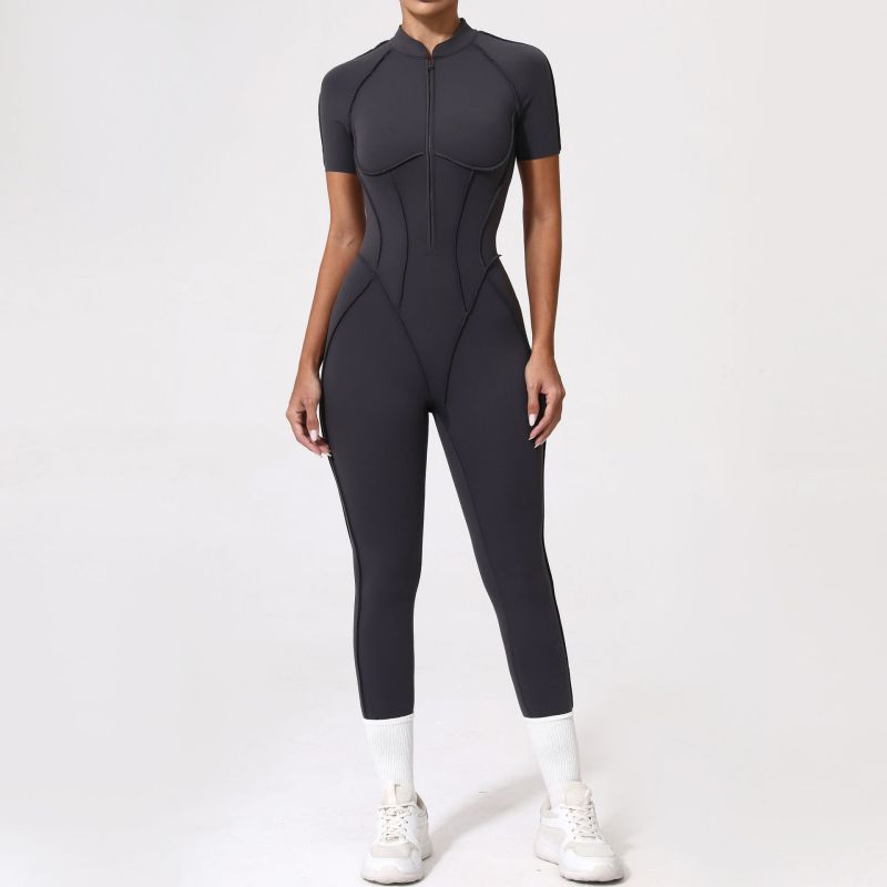 Qiusha three-dimensional zipper short-sleeved jumpsuit female hip-lifting and abdomen-tightening yoga tight sports jumpsuit female 25500