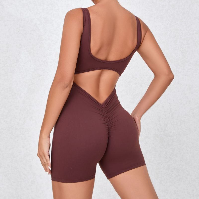 European and American quick-drying nude sports jumpsuit one-piece V-shaped back waist running fitness suit tight beautiful back yoga suit