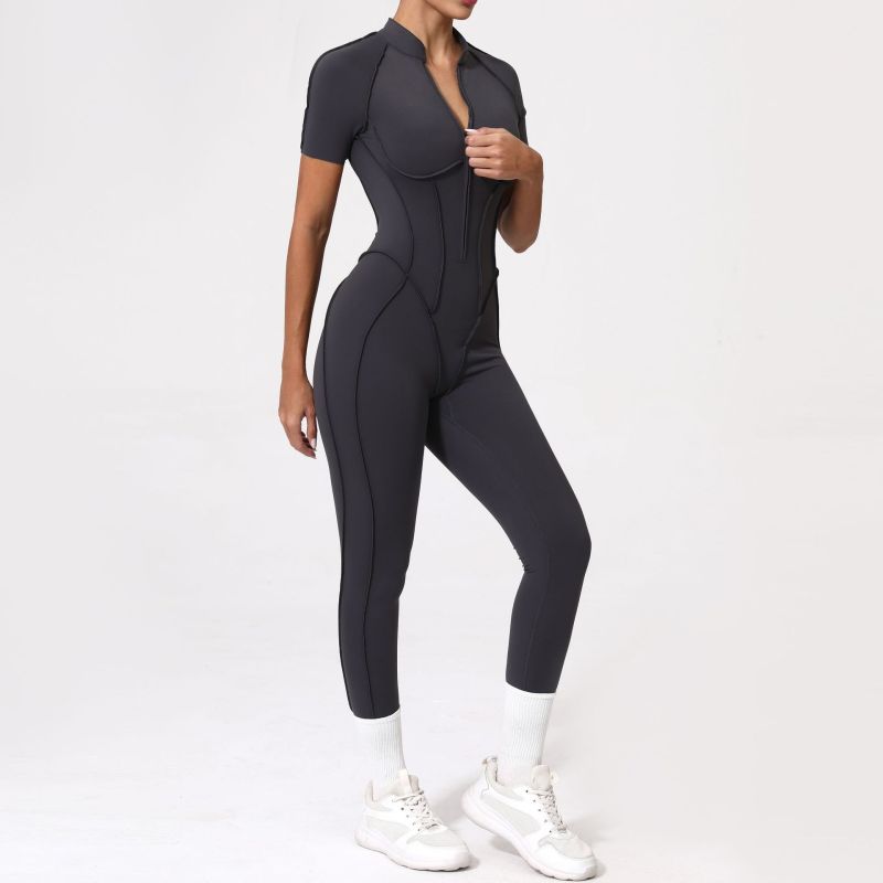 Qiusha three-dimensional zipper short-sleeved jumpsuit female hip-lifting and abdomen-tightening yoga tight sports jumpsuit female 25500