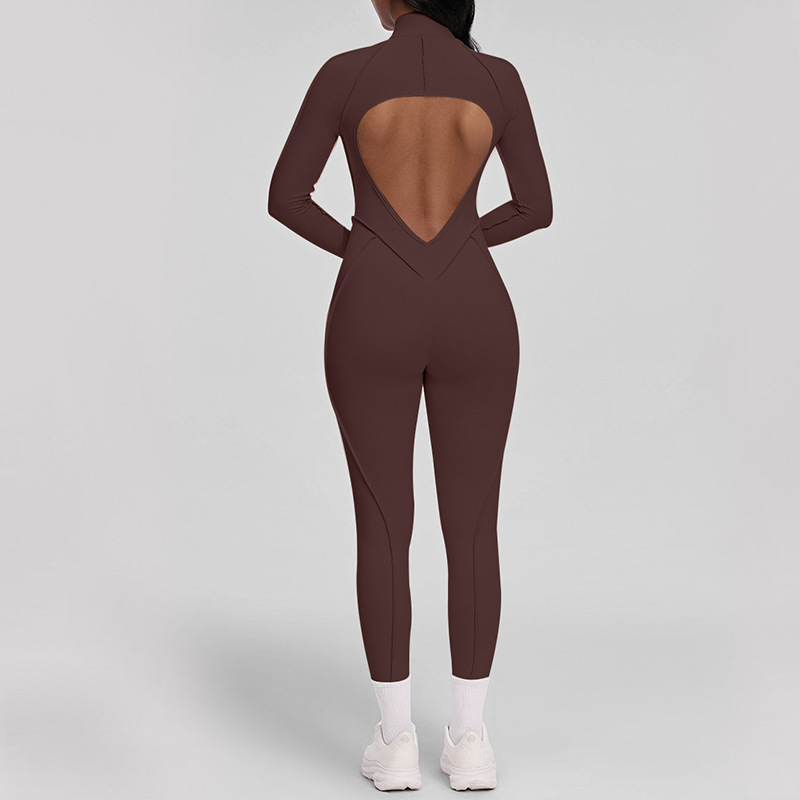 European and American cross-border three-dimensional zipper long-sleeved yoga jumpsuit trousers female sexy backless tight yoga suit jumpsuit