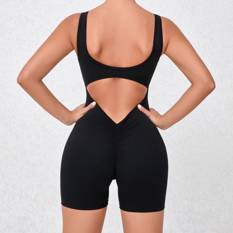 European and American quick-drying nude sports jumpsuit one-piece V-shaped back waist running fitness suit tight beautiful back yoga suit