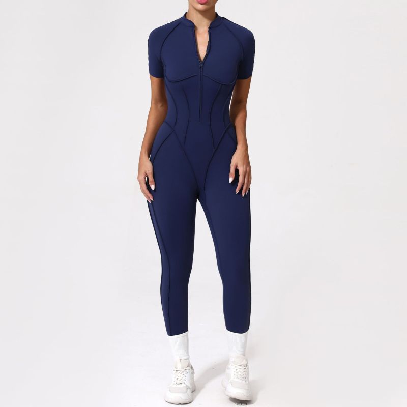 Qiusha three-dimensional zipper short-sleeved jumpsuit female hip-lifting and abdomen-tightening yoga tight sports jumpsuit female 25500