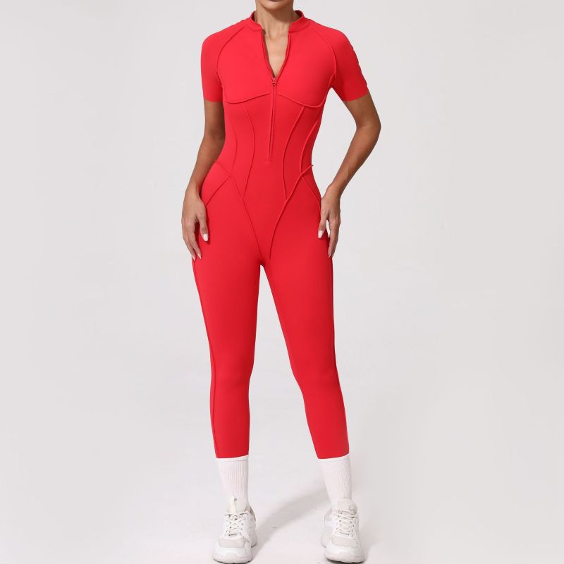 Qiusha three-dimensional zipper short-sleeved jumpsuit female hip-lifting and abdomen-tightening yoga tight sports jumpsuit female 25500