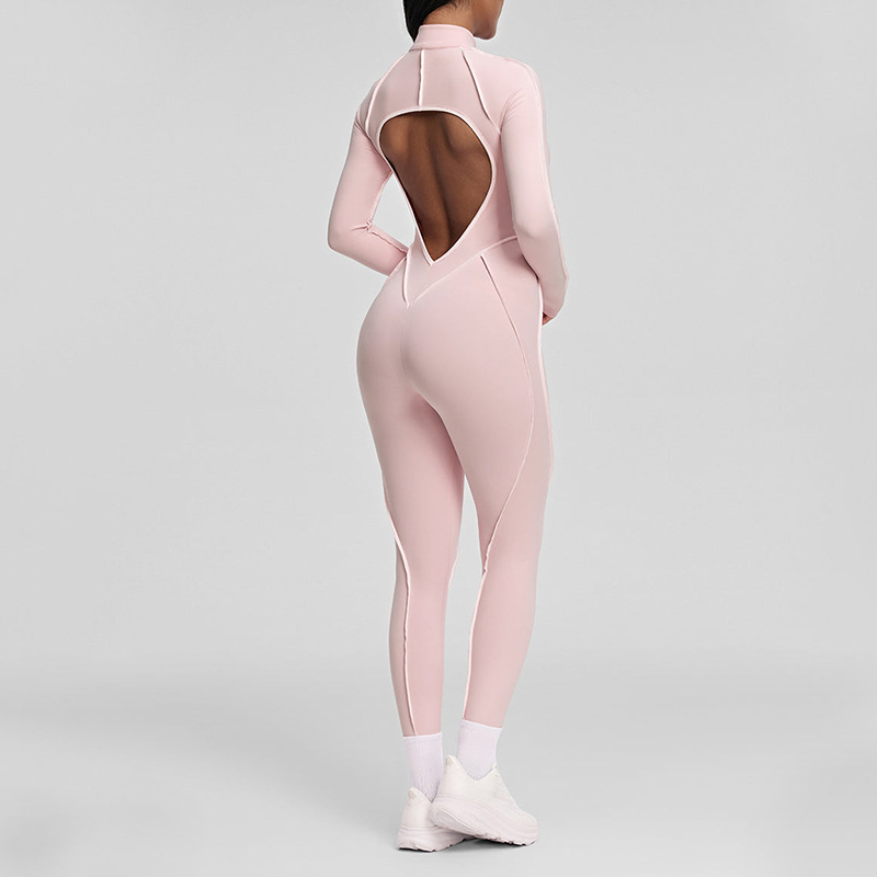 European and American contrast color one-piece zipper fitness yoga jumpsuit women's backless tight sports jumpsuit sportswear