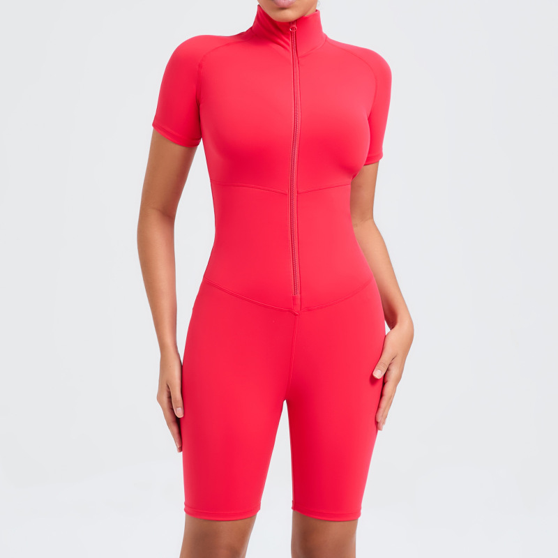 European and American summer belly-tightening design short-sleeved zipper yoga jumpsuit female dance sports fitness jumpsuit 50210