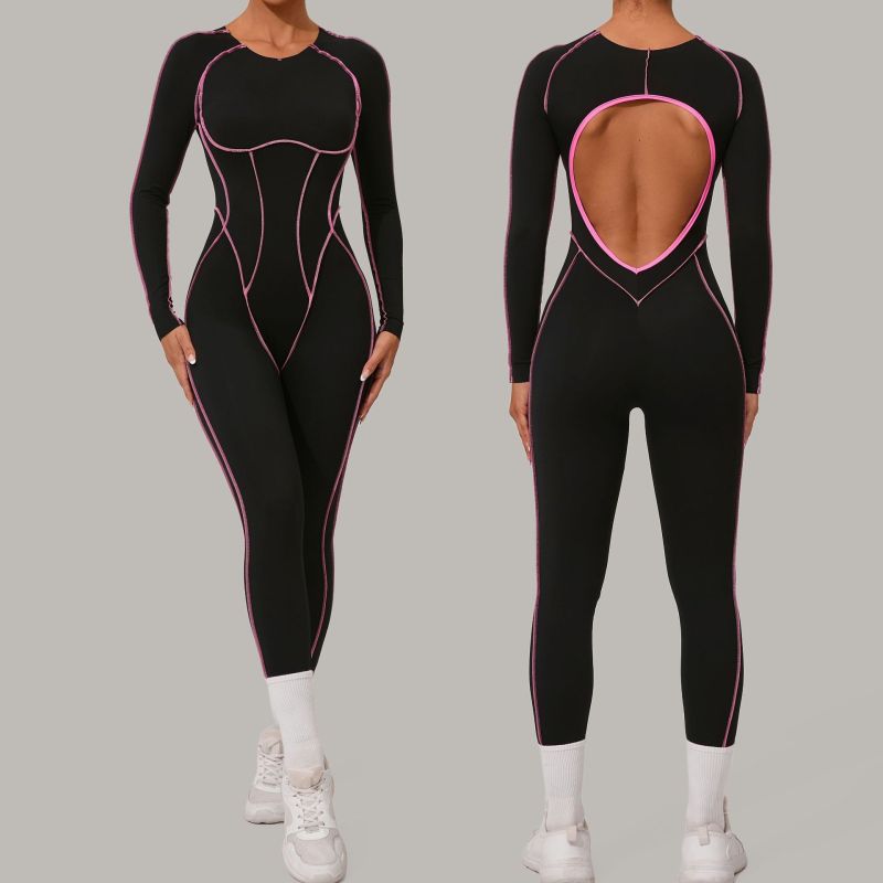 European and American three-dimensional cutting color matching long-sleeved yoga jumpsuit high-intensity fitness sports jumpsuit 1033