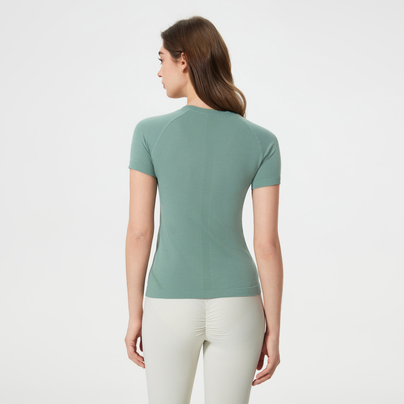 Summer seamless one-piece woven round neck yoga clothing t-shirt slim quick-drying breathable running sports short-sleeved women D25073