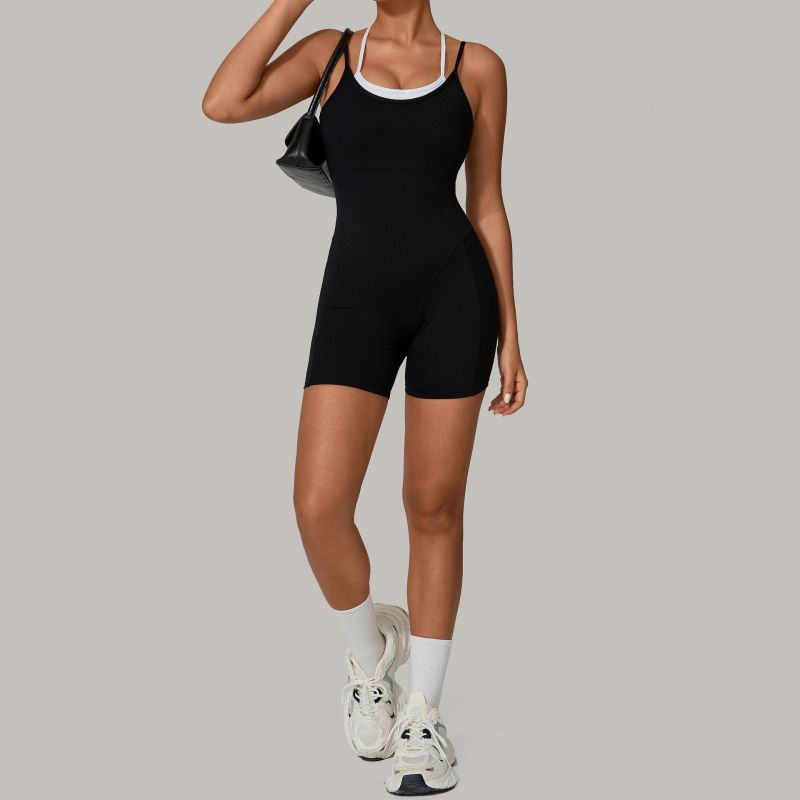 Qiusha fake two-piece contrast color sling sports jumpsuit one-piece yoga suit backless outdoor fitness jumpsuit 0627