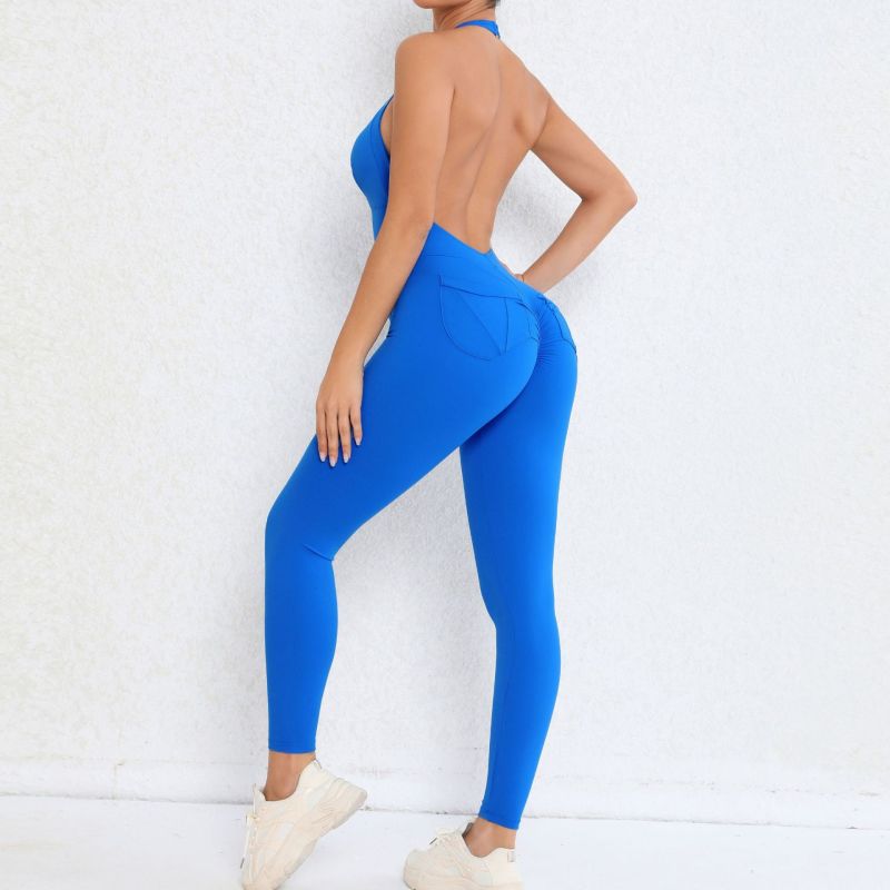 European and American halter neck style open back yoga jumpsuit pleated pocket peach hip tight sports fitness jumpsuit for women
