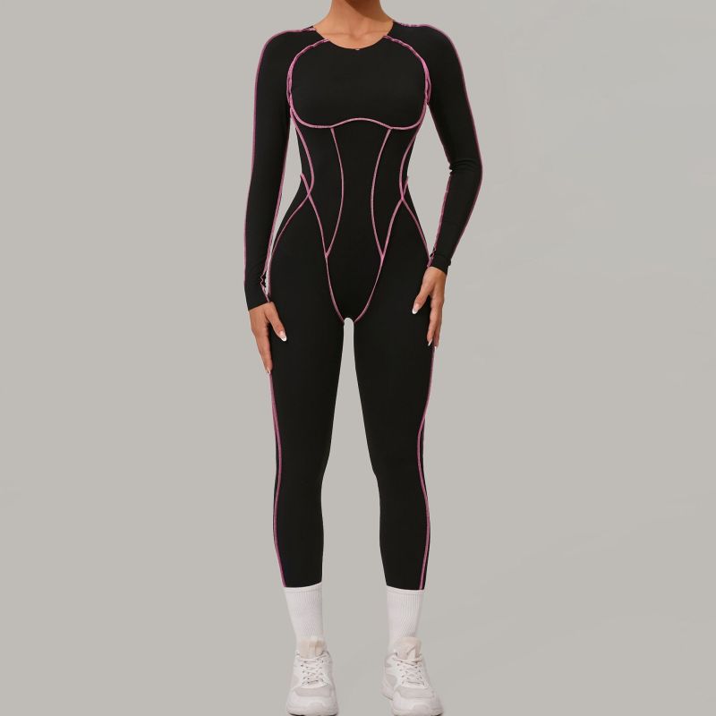 European and American three-dimensional cutting color matching long-sleeved yoga jumpsuit high-intensity fitness sports jumpsuit 1033