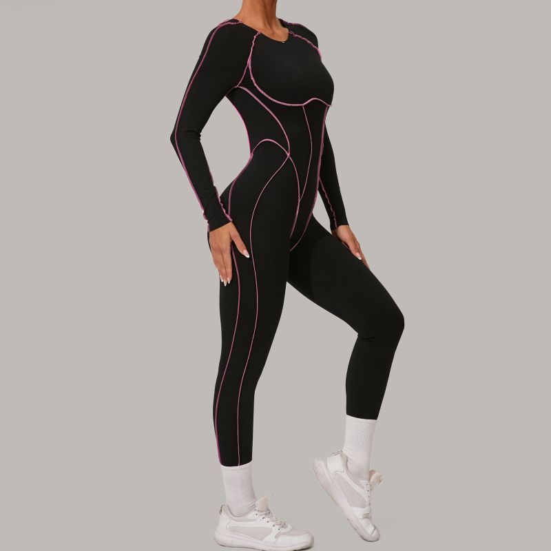 European and American three-dimensional cutting color matching long-sleeved yoga jumpsuit high-intensity fitness sports jumpsuit 1033
