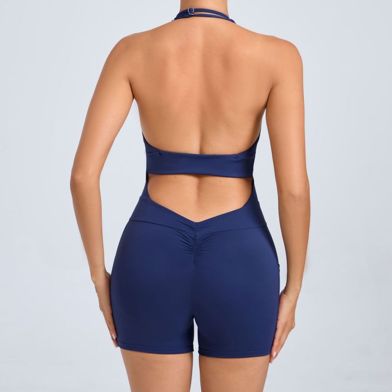 European and American backless adjustable halter neck nude yoga jumpsuit with pockets on both sides for wearing outside fitness sports jumpsuit