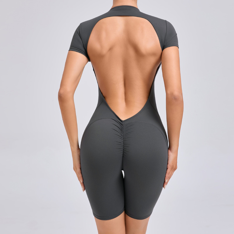 European and American backless zipper short-sleeved yoga jumpsuit dance fitness jumpsuit tight sports jumpsuit 80150