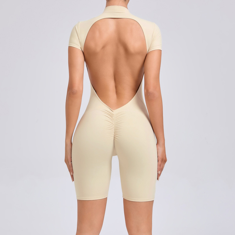 European and American backless zipper short-sleeved yoga jumpsuit dance fitness jumpsuit tight sports jumpsuit 80150