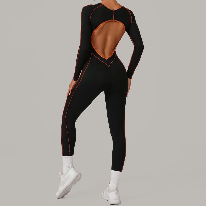 European and American three-dimensional cutting color matching long-sleeved yoga jumpsuit high-intensity fitness sports jumpsuit 1033