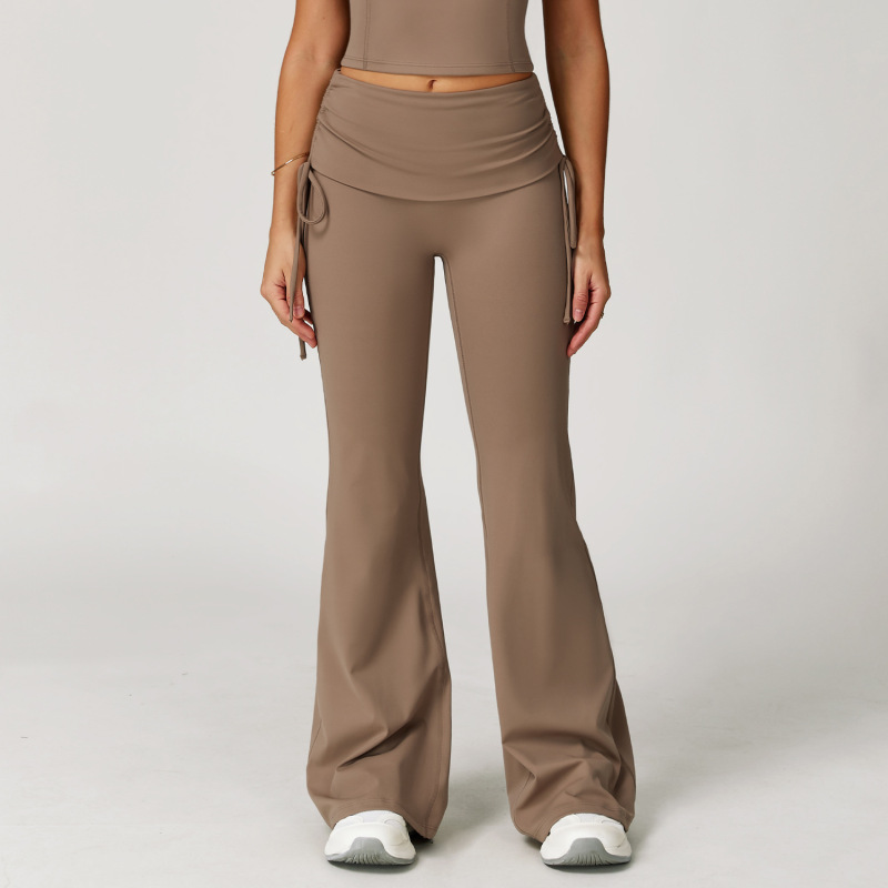 Cross-border folded high waist bell-bottom pants nude wide leg slim trousers outdoor running fitness sports bell-bottom pants 3055
