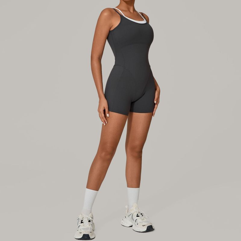 Qiusha fake two-piece contrast color sling sports jumpsuit one-piece yoga suit backless outdoor fitness jumpsuit 0627