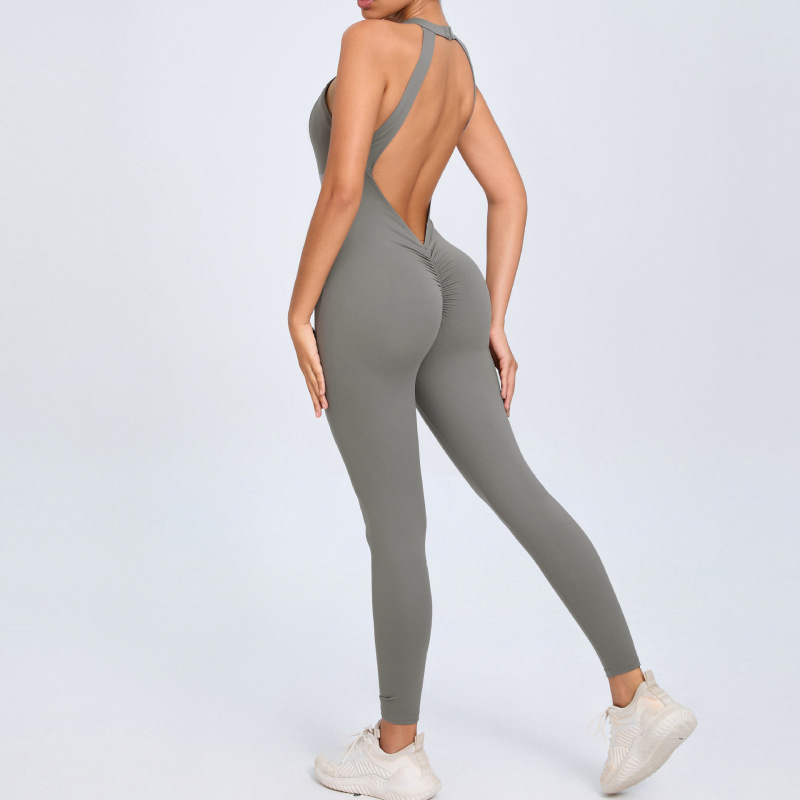 European and American back buckle yoga jumpsuit women's peach hip backless sports quick-drying one-piece fitness jumpsuit