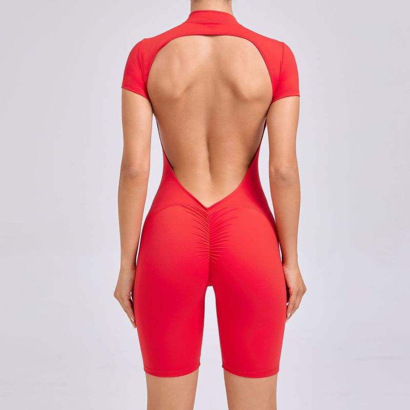 European and American backless zipper short-sleeved yoga jumpsuit dance fitness jumpsuit tight sports jumpsuit 80150