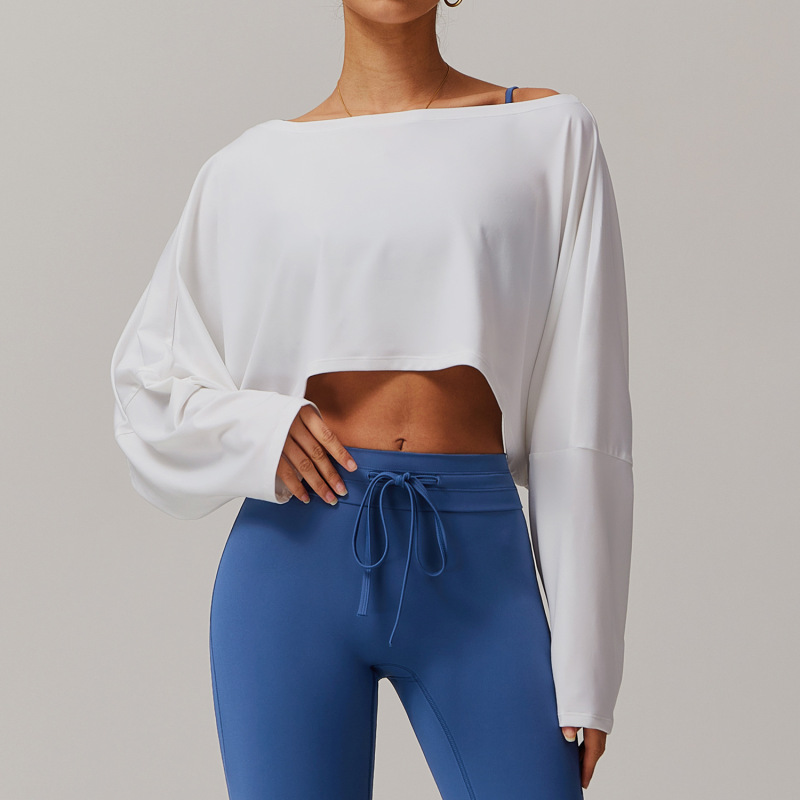 Fitness sports long-sleeved tops for women with one-shoulder bat sleeves for outdoor wear, casual and versatile long-sleeved yoga wear blouse 5034