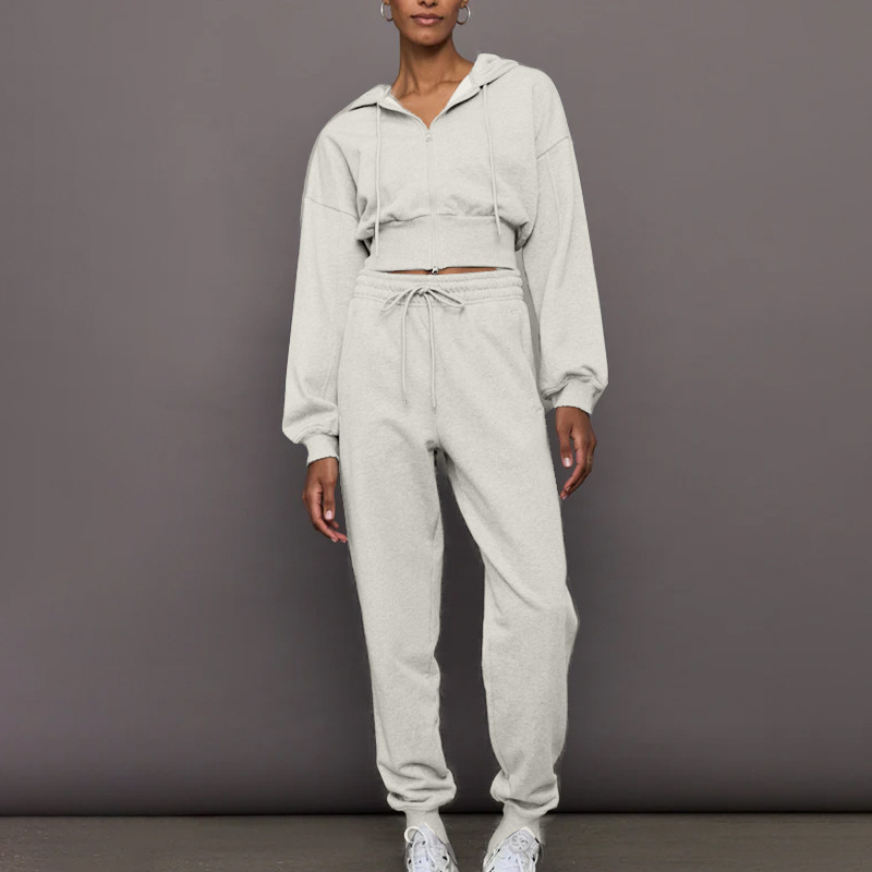 Cross-border Amazon autumn and winter sweater suit short zipper hooded sweater jacket loose drawstring leggings sweatpants