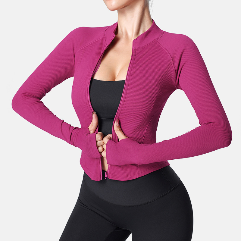 Cross-border yoga jacket women's tight-fitting slim zipper stand collar long-sleeved cardigan sports outdoor training fitness clothes tops
