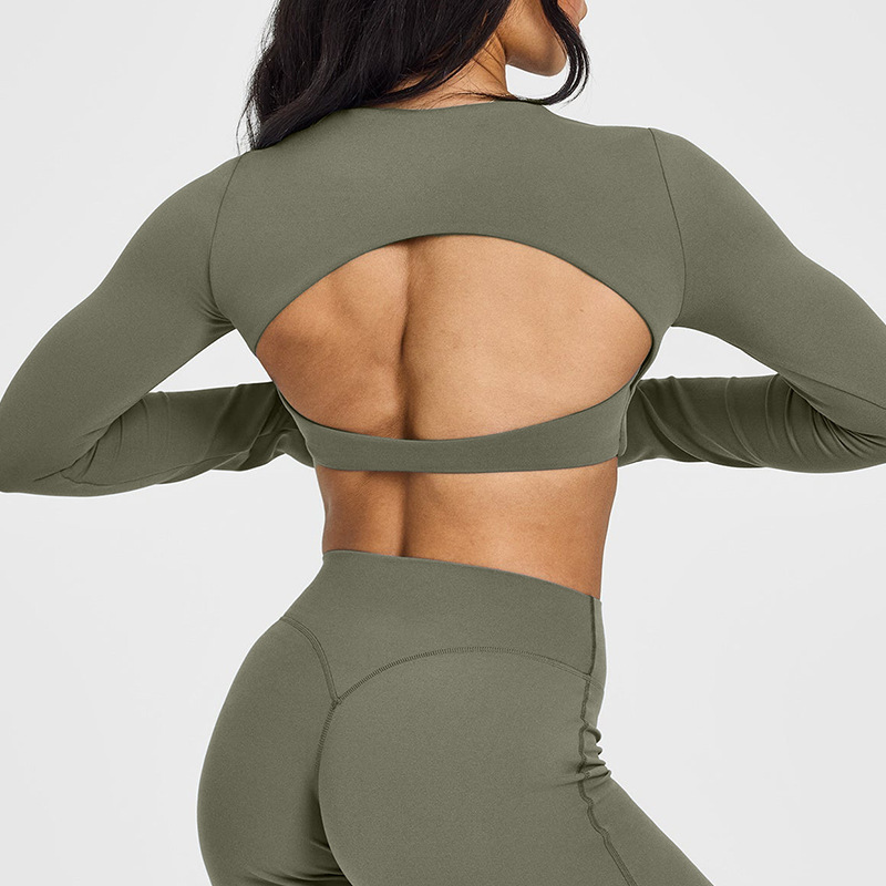 European and American cross-border beautiful back hollow tight sports long-sleeved T-shirt with chest pad fitness clothes elastic breathable yoga clothes for women