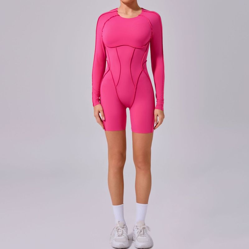 Round neck long sleeve stitching jumpsuit three-dimensional line backless fitness sports jumpsuit tight yoga suit 24102
