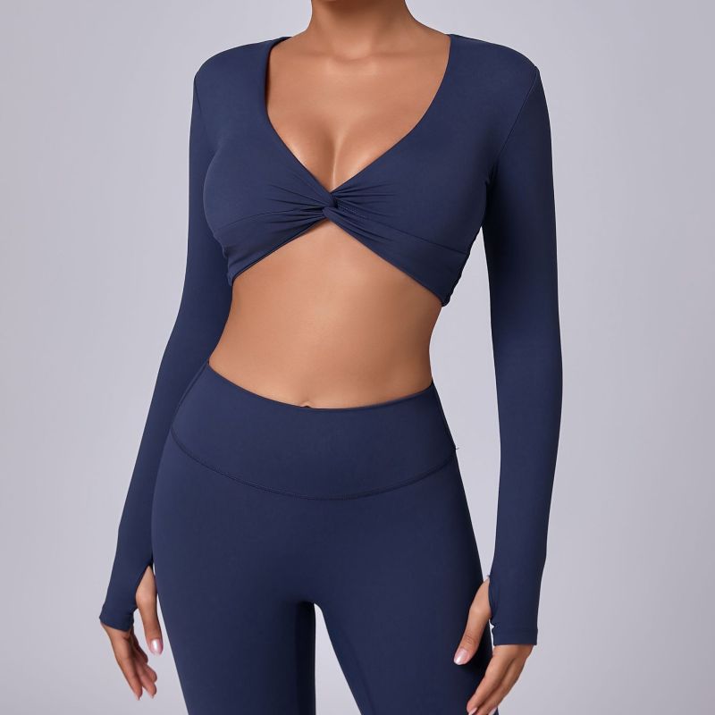 European and American short chest-revealing yoga sports tops with high elasticity for running, quick-drying, yoga and fitness, long sleeves for women