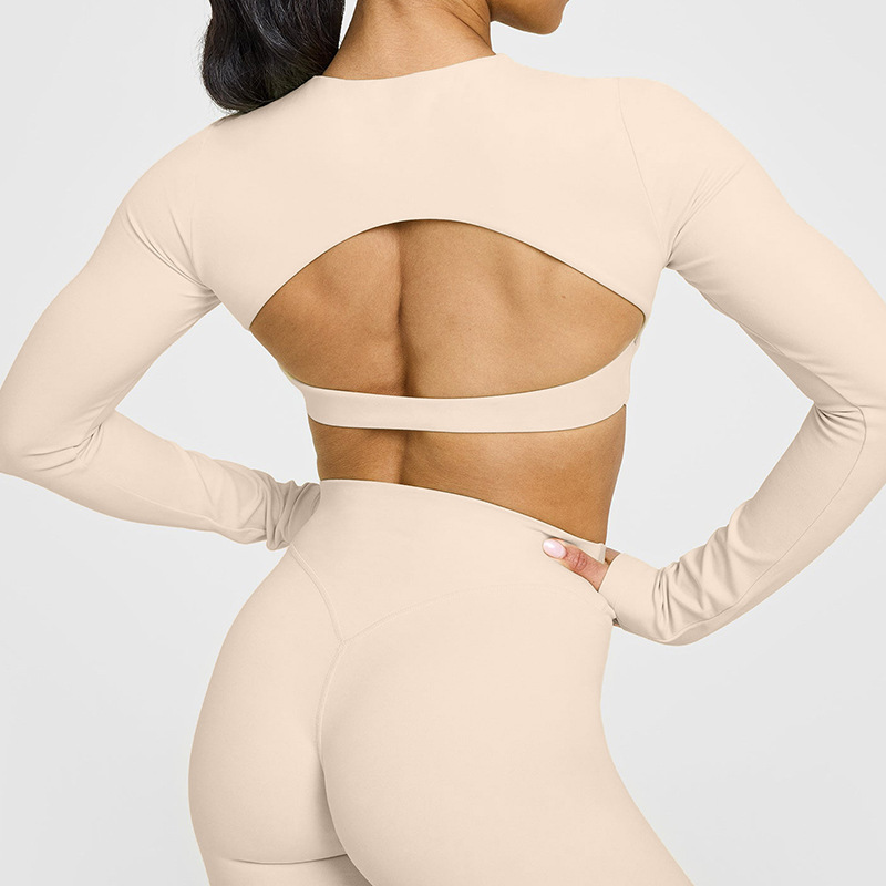 European and American cross-border beautiful back hollow tight sports long-sleeved T-shirt with chest pad fitness clothes elastic breathable yoga clothes for women