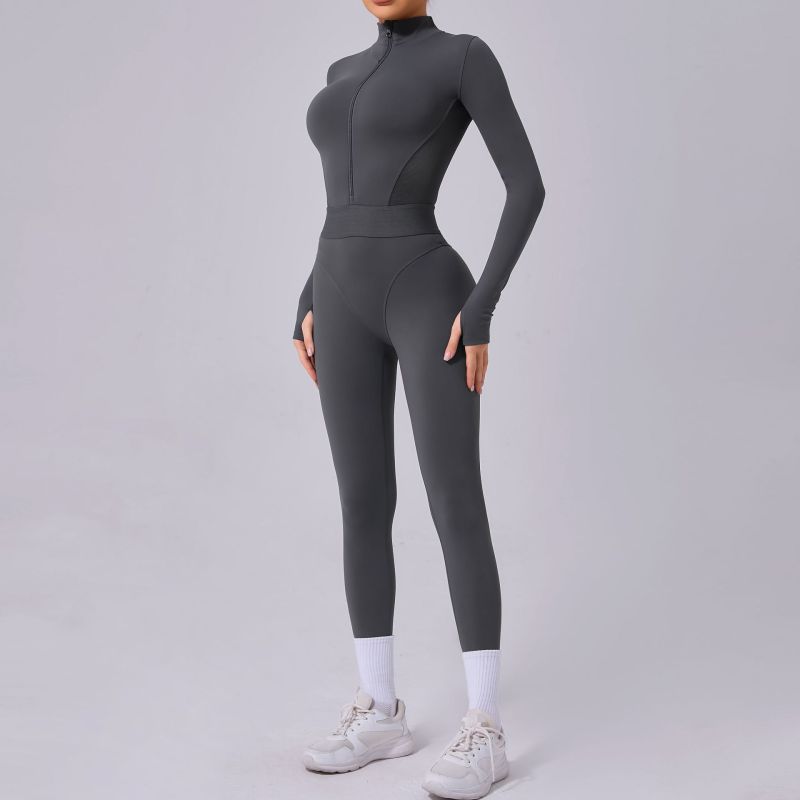 Two-side mesh yoga jumpsuit tight elastic waist finger hole stitching sports fitness jumpsuit 80426