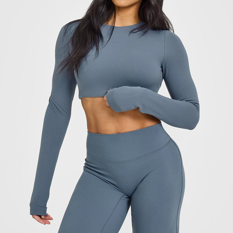 European and American cross-border beautiful back hollow tight sports long-sleeved T-shirt with chest pad fitness clothes elastic breathable yoga clothes for women