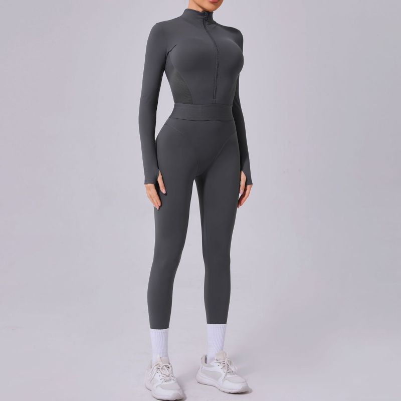 Two-side mesh yoga jumpsuit tight elastic waist finger hole stitching sports fitness jumpsuit 80426