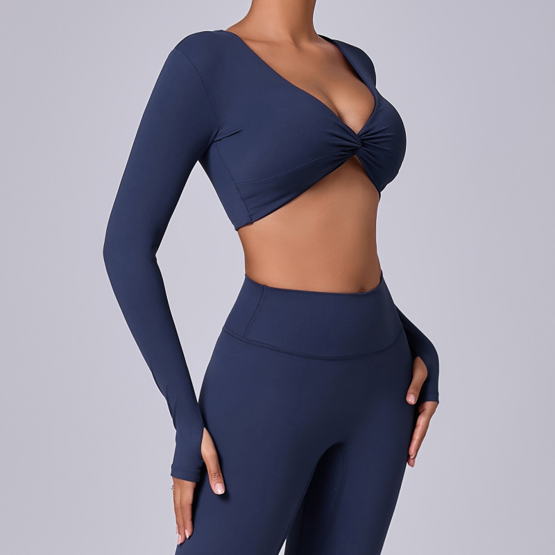 European and American short chest-revealing yoga sports tops with high elasticity for running, quick-drying, yoga and fitness, long sleeves for women