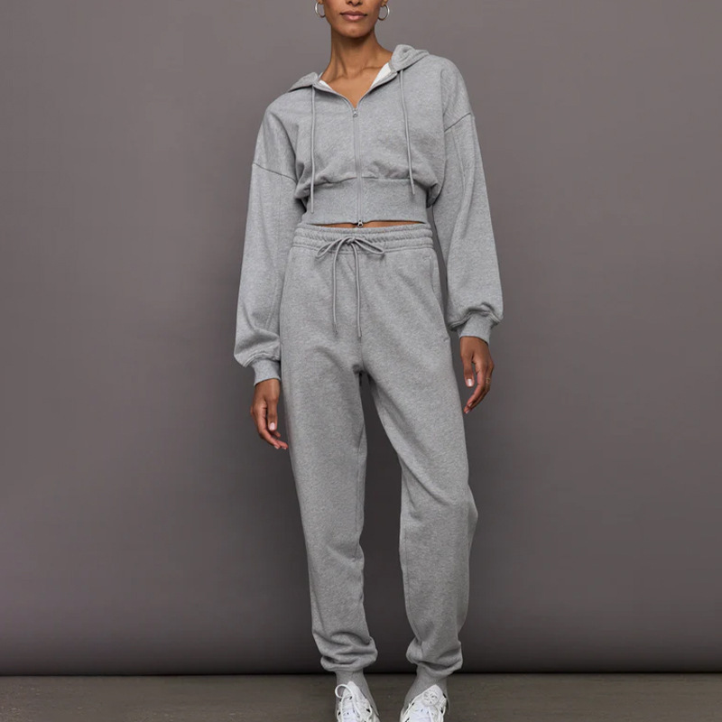 Cross-border Amazon autumn and winter sweater suit short zipper hooded sweater jacket loose drawstring leggings sweatpants
