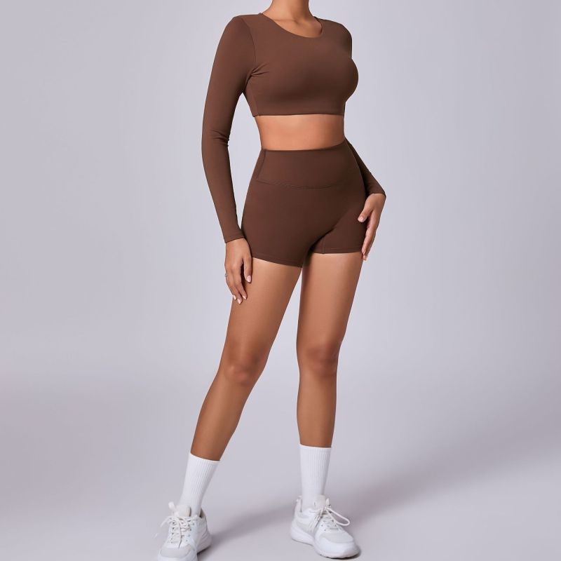 European and American tight-fitting sanded yoga suit quick-drying fitness clothes winter outdoor running long-sleeved shorts sports suit for women