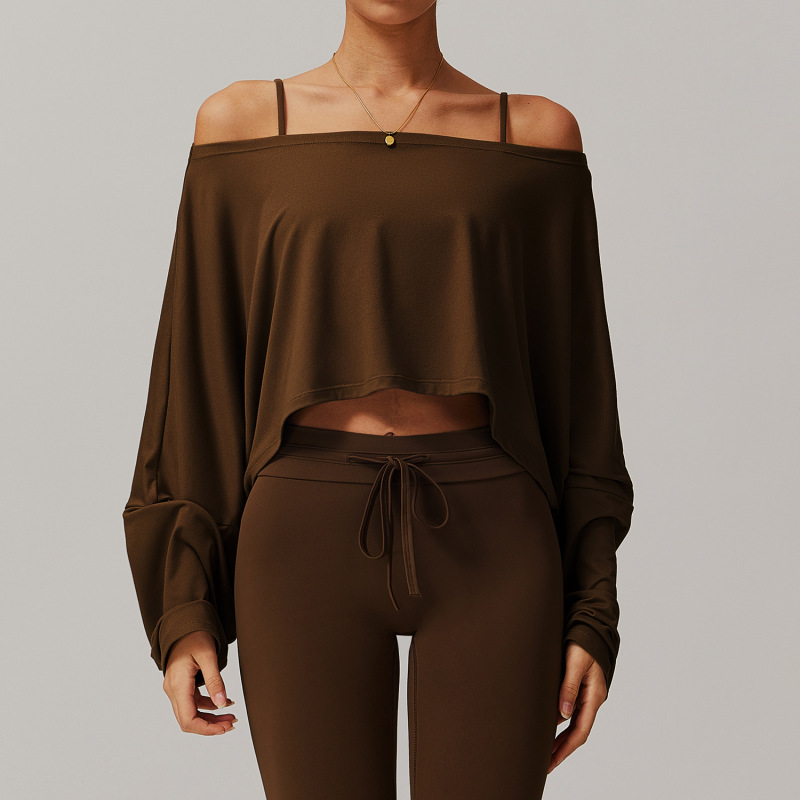 Fitness sports long-sleeved tops for women with one-shoulder bat sleeves for outdoor wear, casual and versatile long-sleeved yoga wear blouse 5034