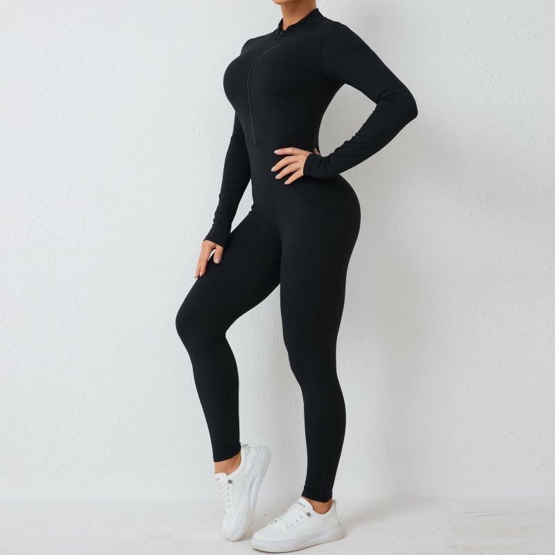 European and American half-open zipper removable chest pad long-sleeved yoga jumpsuit high-intensity fitness sports jumpsuit